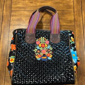 Consuela Black Quilted Tote with Floral Embroidery